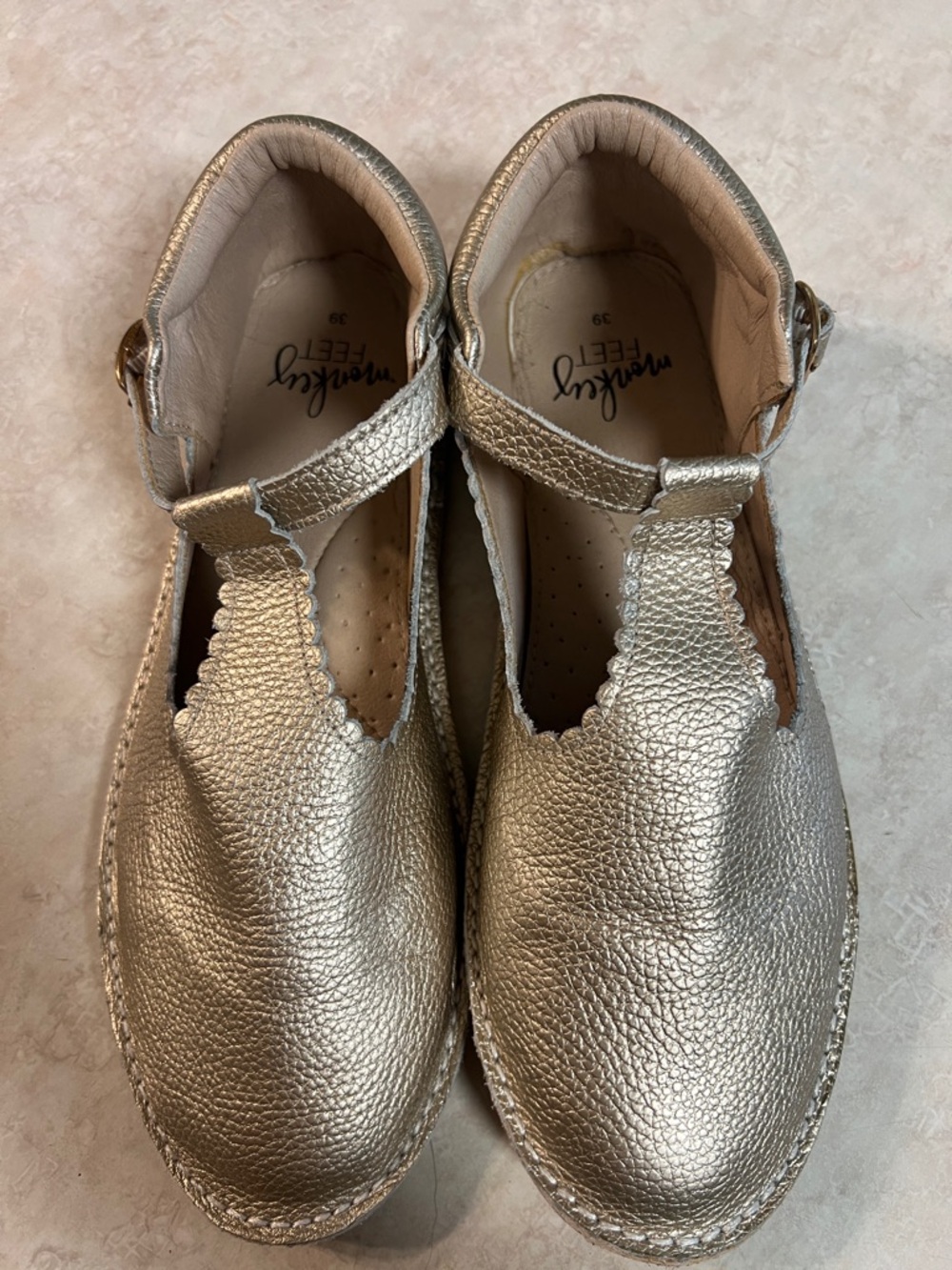 Monkey Feet gold Leather Mary Jane Flats with Scalloped Strap